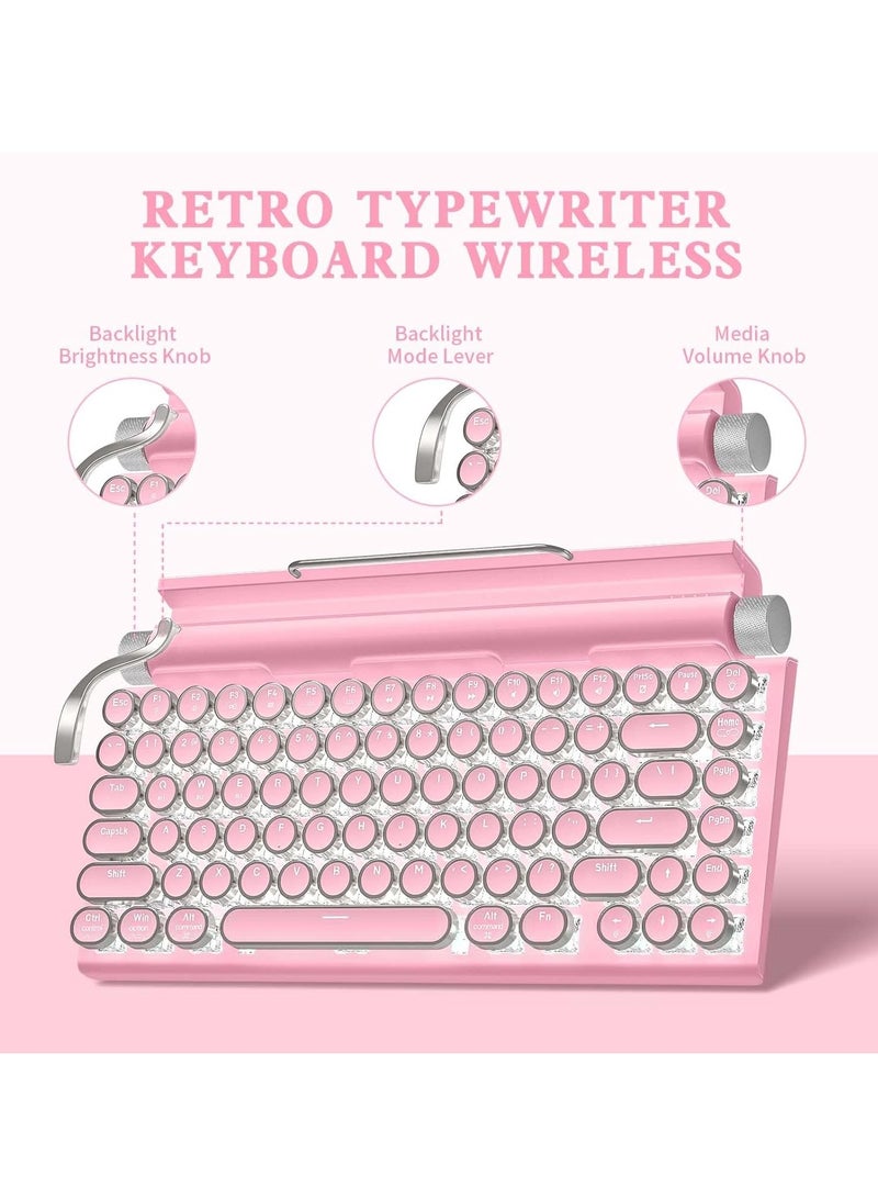 EVEREEN Retro Typewriter Keyboard Wireless Mechanical Gaming Vintage Keyboard 83 Key Blue Switches Punk Round Keycap 14 Modes Rainbow LED Backlight Type C Bluetooth 5.0 Compatible With PC Laptop Pink  - Image 4