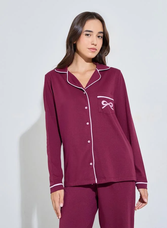 ستايلي Burgundy Bow Print Piped Shirt and Pyjama Set
