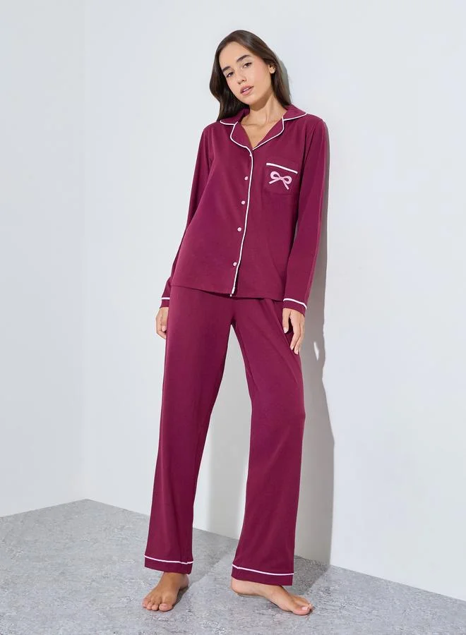 ستايلي Burgundy Bow Print Piped Shirt and Pyjama Set