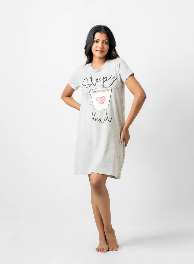 Aadaraya Aadaraya Slogan Print Sleepshirt with Crew Neck
