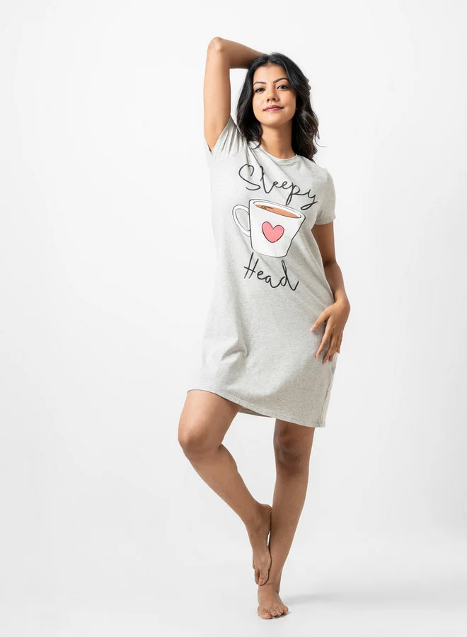 Aadaraya Aadaraya Slogan Print Sleepshirt with Crew Neck