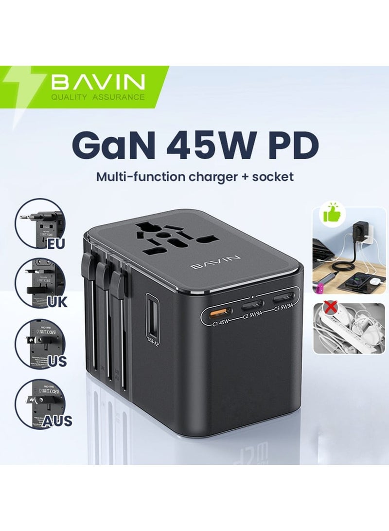 Bavin PC-2080 GaN PD 45W Universal Fast Charging Adapter Socket with AC Outlet, 8 USB and USB-C Ports - Image 1