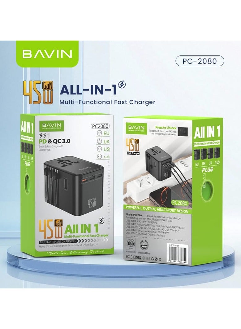 Bavin PC-2080 GaN PD 45W Universal Fast Charging Adapter Socket with AC Outlet, 8 USB and USB-C Ports - Image 3