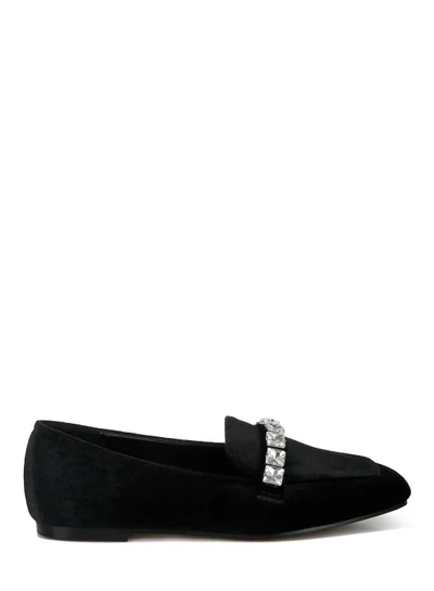 London Rag Velvet Diamante Strap Loafers in Black
