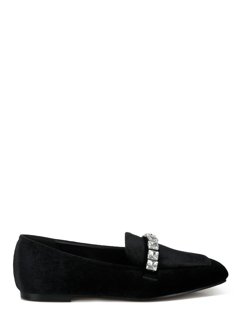 London Rag Velvet Diamante Strap Loafers in Black  - Image 1