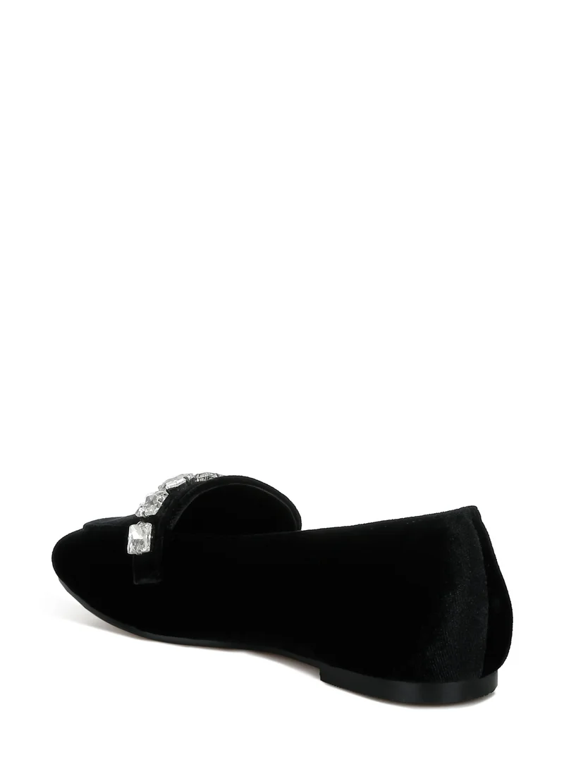 London Rag Velvet Diamante Strap Loafers in Black