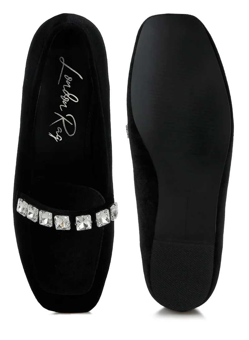 London Rag Velvet Diamante Strap Loafers in Black