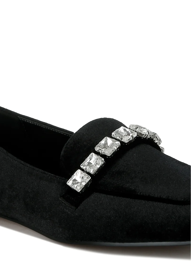 London Rag Velvet Diamante Strap Loafers in Black
