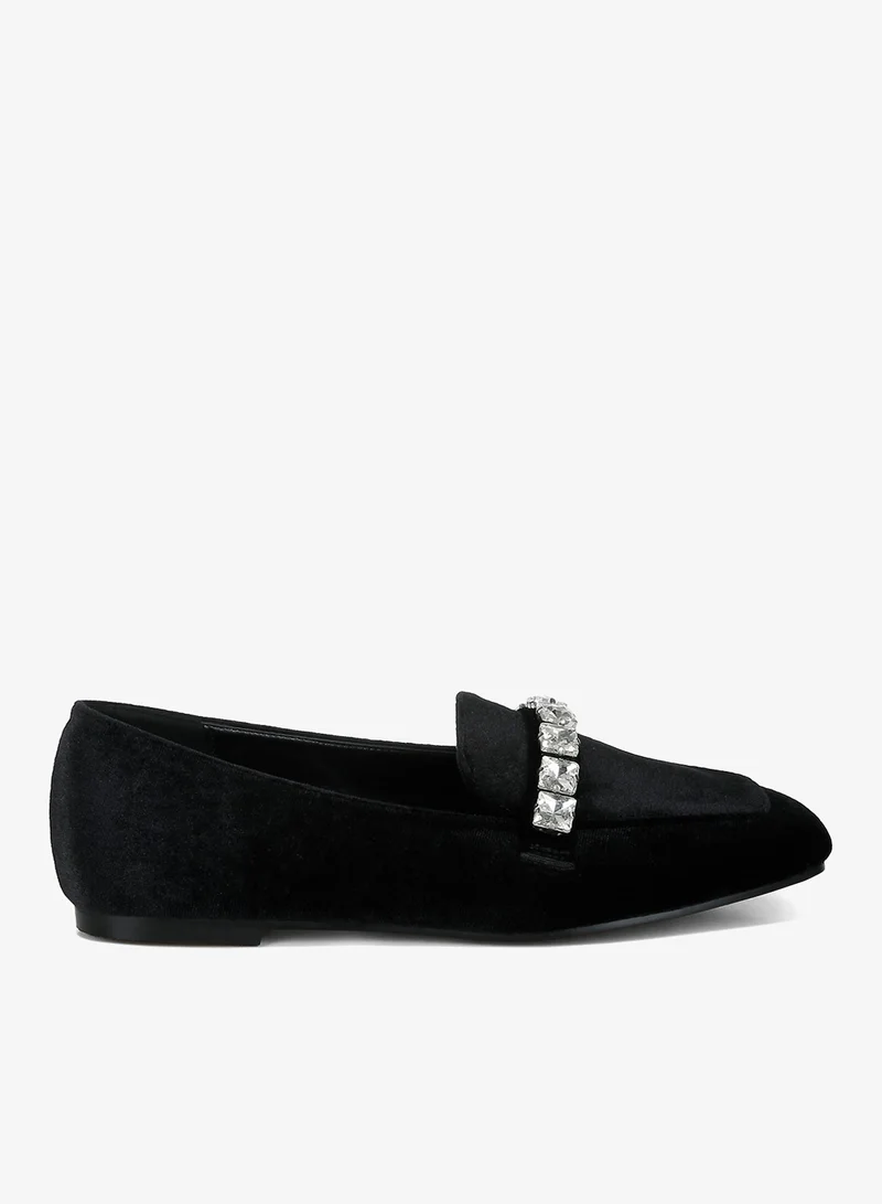London Rag Velvet Diamante Strap Loafers in Black