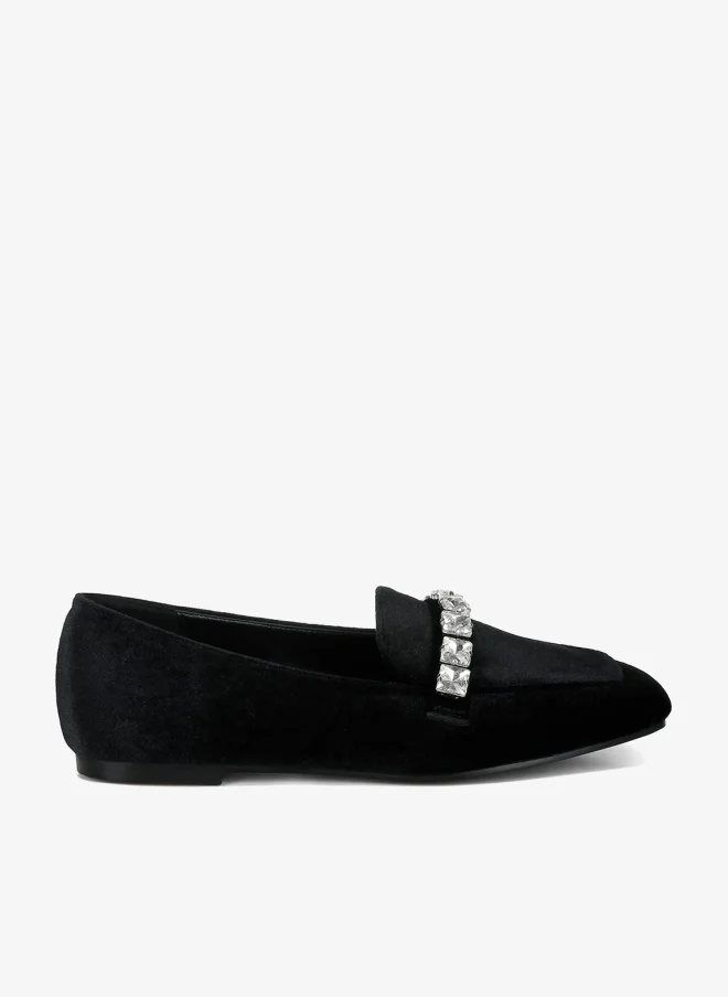 London Rag Velvet Diamante Strap Loafers in Black