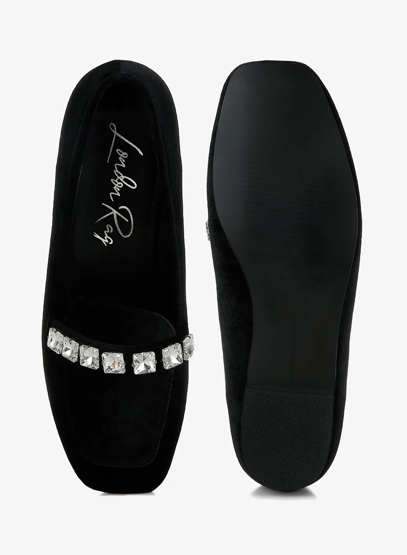 London Rag Black Velvet Diamante Strap Loafers in Black for Women | Best Price UAE