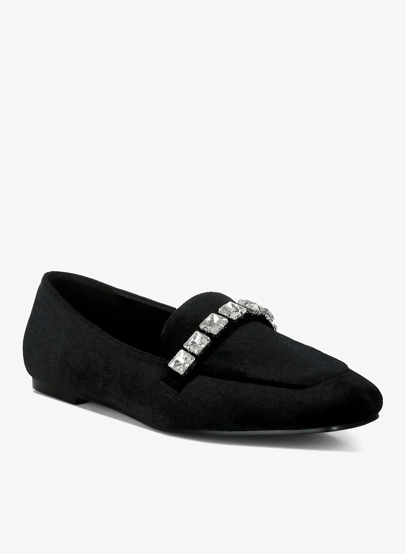 London Rag Velvet Diamante Strap Loafers in Black