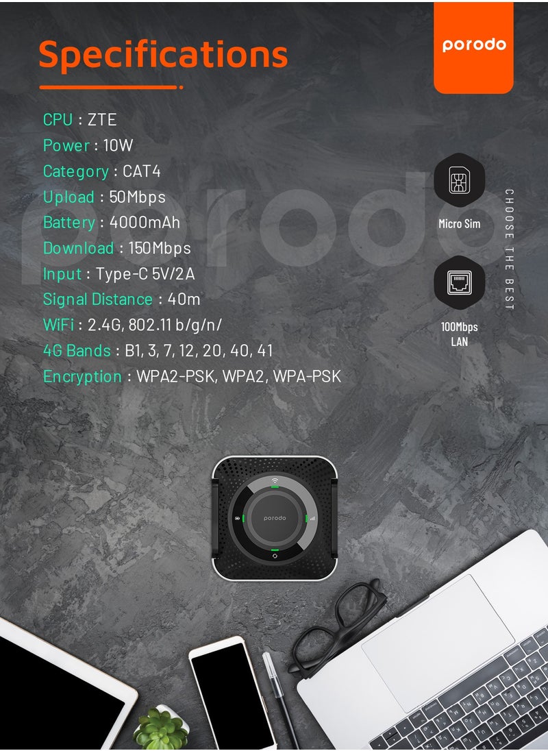 بورودو - جهاز توجيه لاسلكي محمول / جهاز توجيه CPE MiFi 3G/4G / 4000mAh / 10 أجهزة متصلة / جهاز توجيه محمول للسفر / 4G / LTE للمنزل والخارج للمكتب والمنزل - أسود/رمادي - Image 1