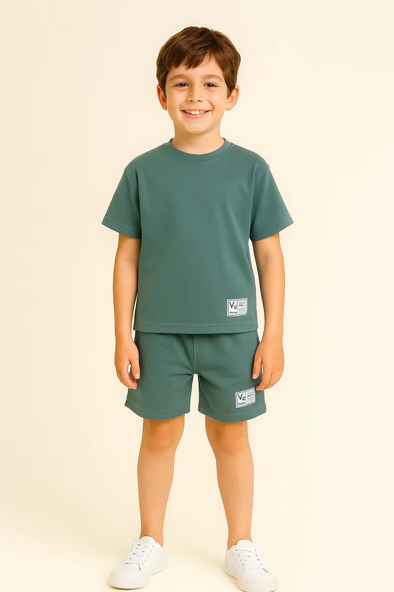 فكتور اند جين "Boys Cotton Interlock Tee & Shorts Set – Sage Green "