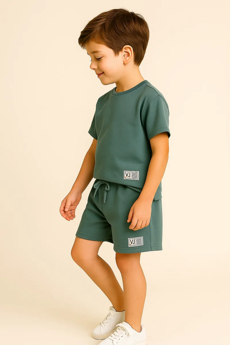 فكتور اند جين "Boys Cotton Interlock Tee & Shorts Set – Sage Green "