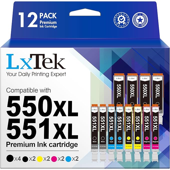 LxTek 550XL 551XL Ink Cartridges Replacement for PGI-550XL CLI-551XL Compatible for Pixma MG7550 MG6350 IP7250 MG5650 MG7150 IX6850 MX925 MG7500 MG6450 (PGBK/Black/Cyan/Magenta/Yellow, 12-Pack)