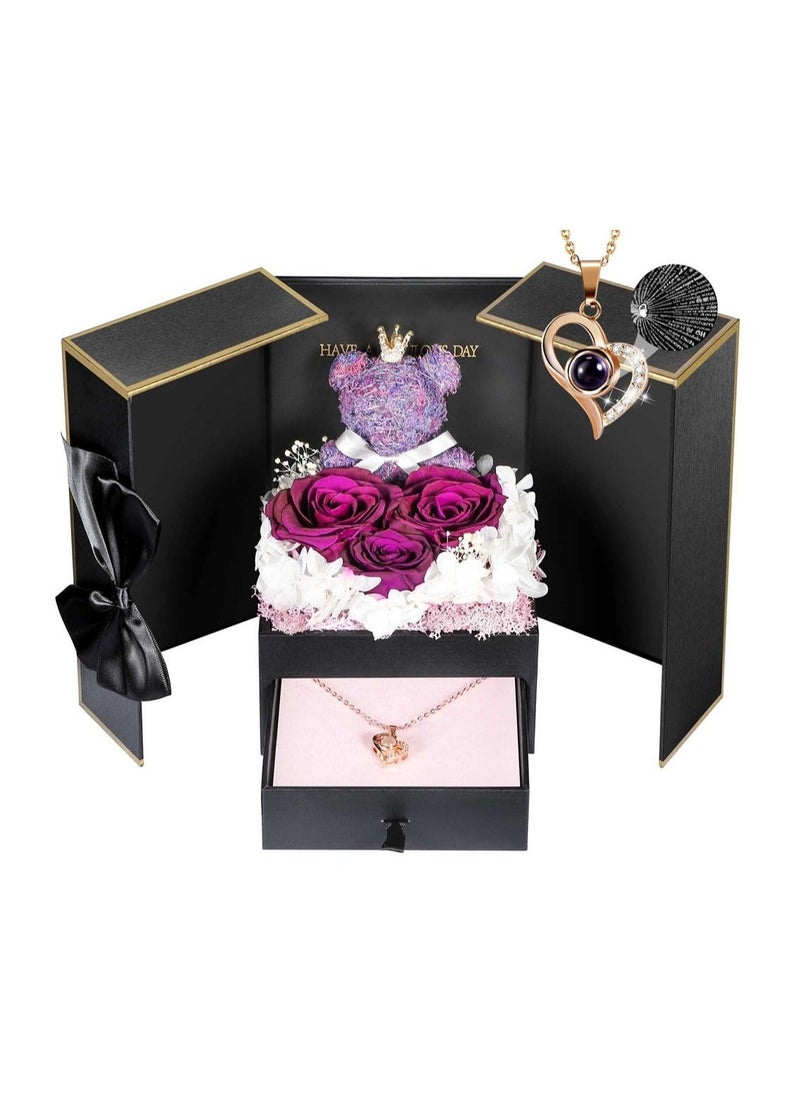 Generic Preserved Purple Rose Moss Bear Gifts Set with I Love You 100 Languages Necklace for Women Mom Wife Girlfriend  - Image 1