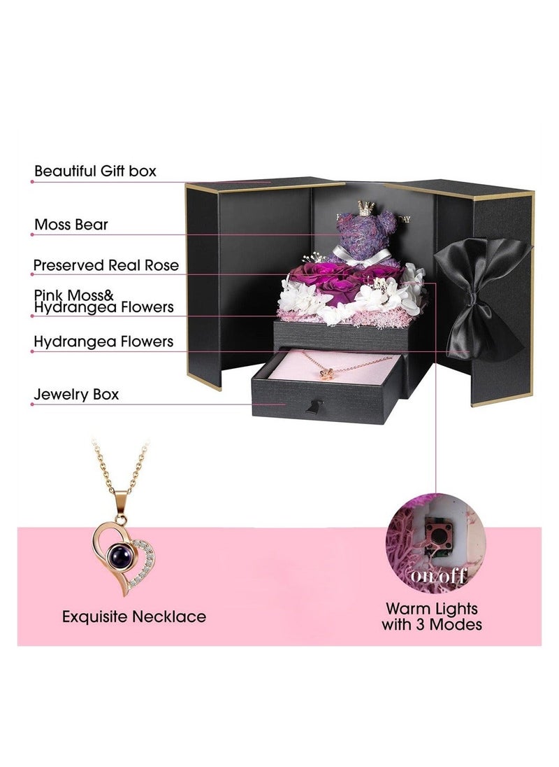 Generic Preserved Purple Rose Moss Bear Gifts Set with I Love You 100 Languages Necklace for Women Mom Wife Girlfriend  - Image 5