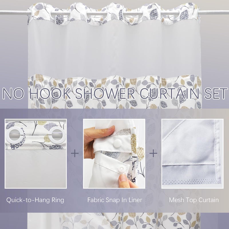 VIUOON No Hook Shower Curtain with Snap-in Fabric Liner Set, Double Layers Heavy Duty Fabric Small Leaf Pattern Bathroom Curtain with See Through Top, Hotel Grade, Machine Washable, 71Wx74L - Image 2