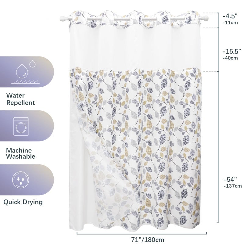 VIUOON No Hook Shower Curtain with Snap-in Fabric Liner Set, Double Layers Heavy Duty Fabric Small Leaf Pattern Bathroom Curtain with See Through Top, Hotel Grade, Machine Washable, 71Wx74L - Image 3