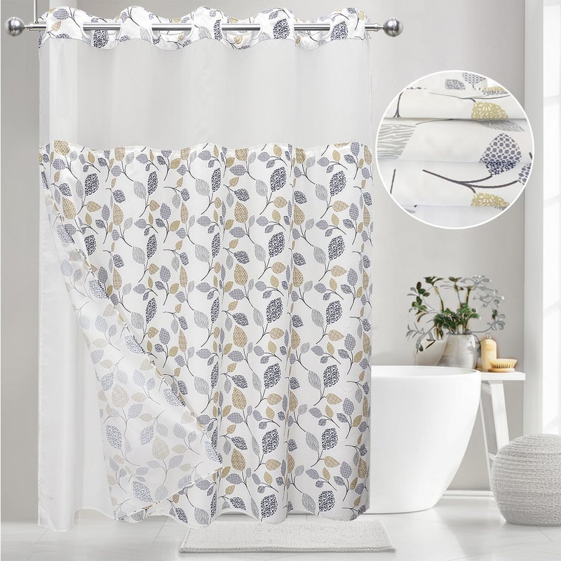 VIUOON No Hook Shower Curtain with Snap-in Fabric Liner Set, Double Layers Heavy Duty Fabric Small Leaf Pattern Bathroom Curtain with See Through Top, Hotel Grade, Machine Washable, 71Wx74L - Image 1