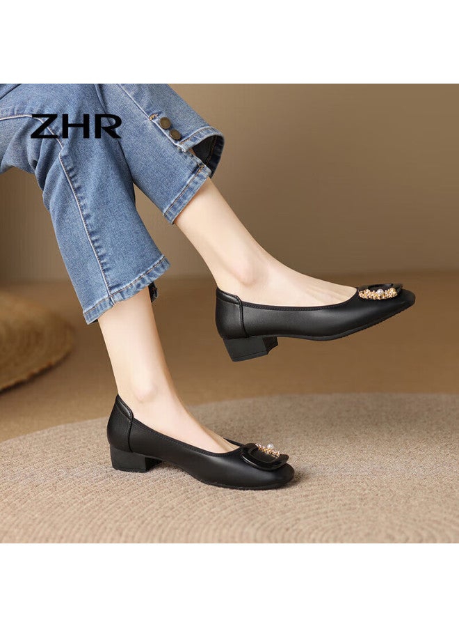 ZHR Women'S Low-Heeled Single Shoes Spring And Autumn Genuine Leather Chunky Heel Women'S Shoes Commuter Style Slip-On Shoes Ah323 Black Size 38 - Image 2