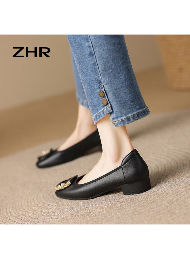 ZHR Women'S Low-Heeled Single Shoes Spring And Autumn Genuine Leather Chunky Heel Women'S Shoes Commuter Style Slip-On Shoes Ah323 Black Size 38 - Image 3