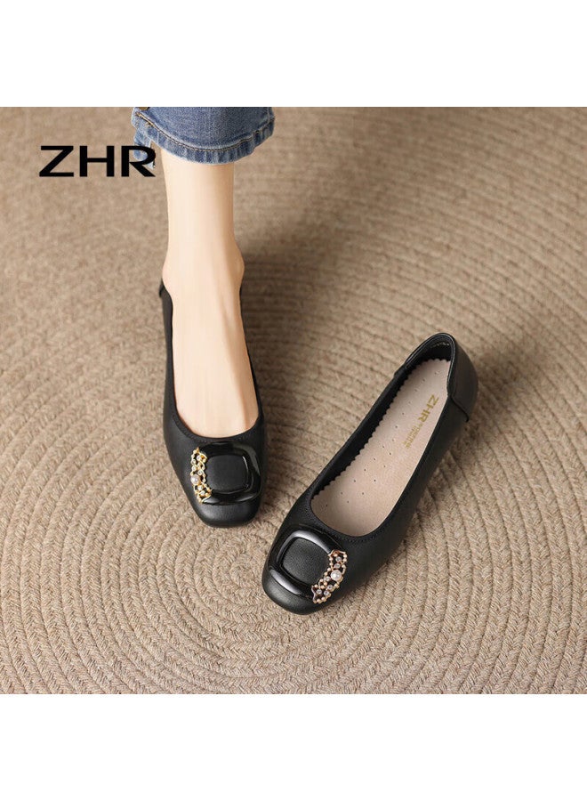 ZHR Women'S Low-Heeled Single Shoes Spring And Autumn Genuine Leather Chunky Heel Women'S Shoes Commuter Style Slip-On Shoes Ah323 Black Size 38 - Image 1