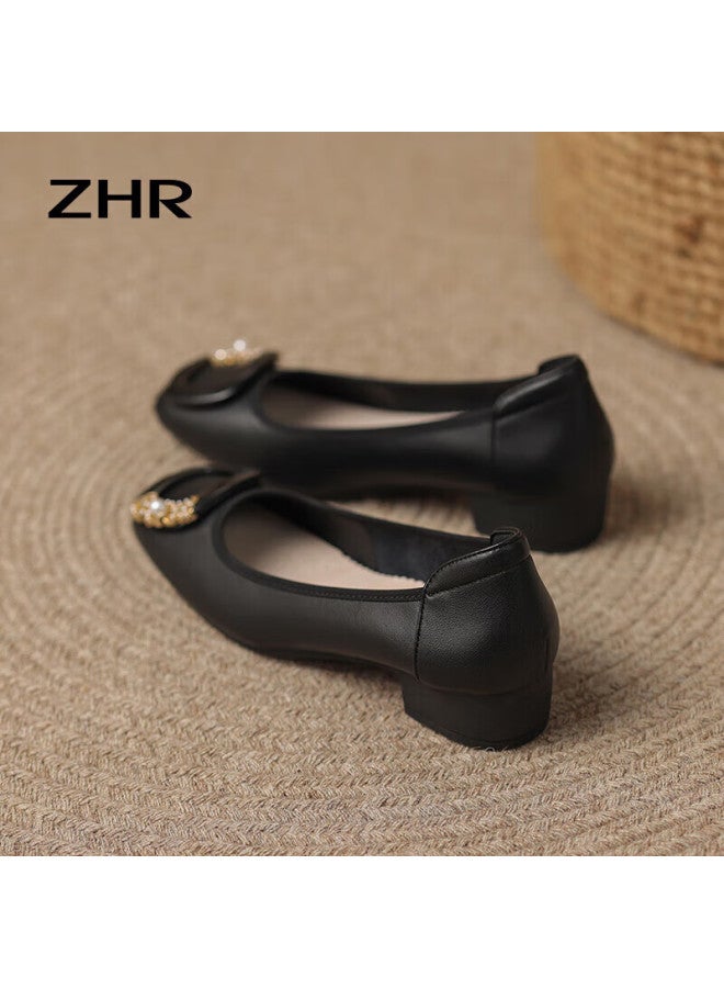 ZHR Women'S Low-Heeled Single Shoes Spring And Autumn Genuine Leather Chunky Heel Women'S Shoes Commuter Style Slip-On Shoes Ah323 Black Size 38 - Image 5