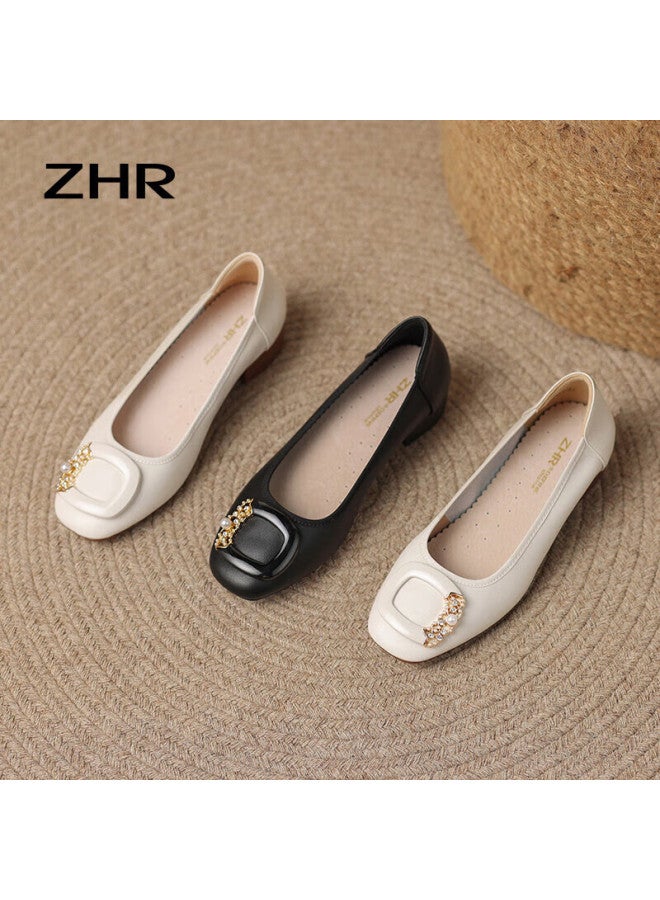 ZHR Women'S Low-Heeled Single Shoes Spring And Autumn Genuine Leather Chunky Heel Women'S Shoes Commuter Style Slip-On Shoes Ah323 Black Size 38 - Image 4