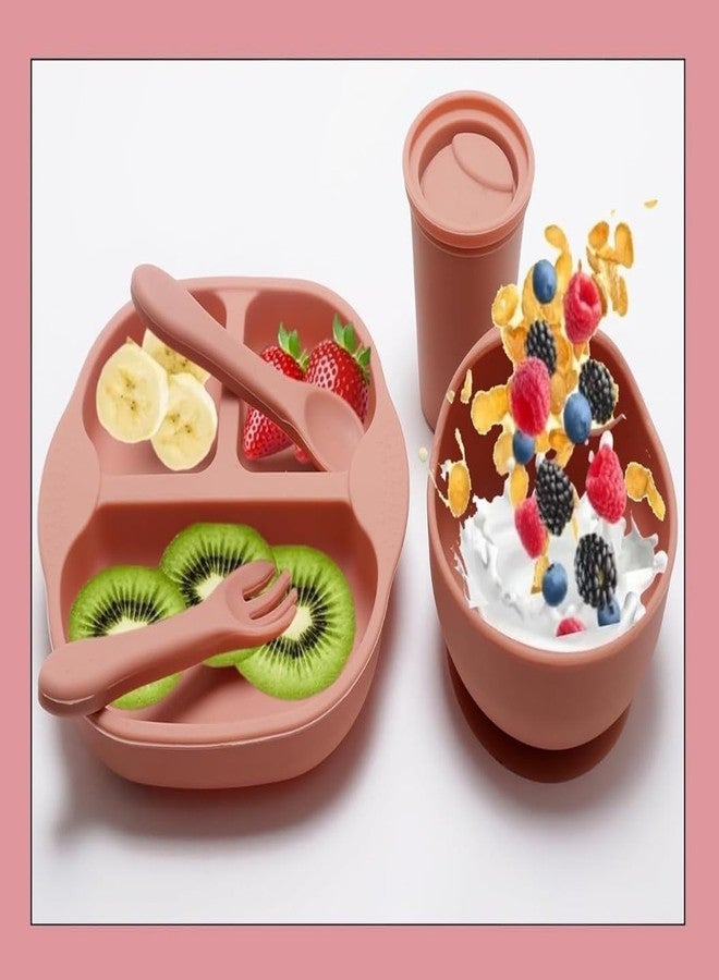Sparkle Joy Baby Feeding Set, Silicone Tableware Kit for Baby, Bowl, Fork, Spoon, Suction Plate & Tumbler for Baby (Dusty Pink) (Peach) - Image 1