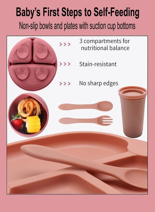 Sparkle Joy Baby Feeding Set, Silicone Tableware Kit for Baby, Bowl, Fork, Spoon, Suction Plate & Tumbler for Baby (Dusty Pink) (Peach) - Image 2
