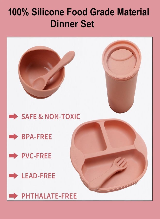 Sparkle Joy Baby Feeding Set, Silicone Tableware Kit for Baby, Bowl, Fork, Spoon, Suction Plate & Tumbler for Baby (Dusty Pink) (Peach) - Image 4