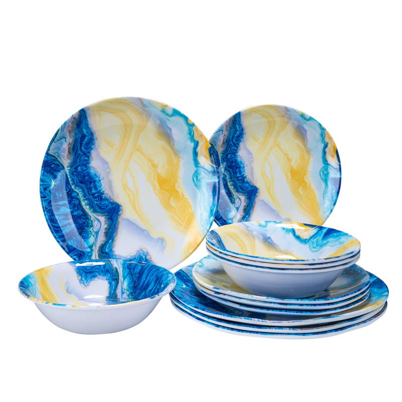 Topmela 12 Pcs Melamine Dinnerware Set  Indoor and Outdoor Durable Plastic Dishes DishwareMelamine Dinner Plates and Bowls Sets Service for 4Lightweight UnbreakableLandscape Painting