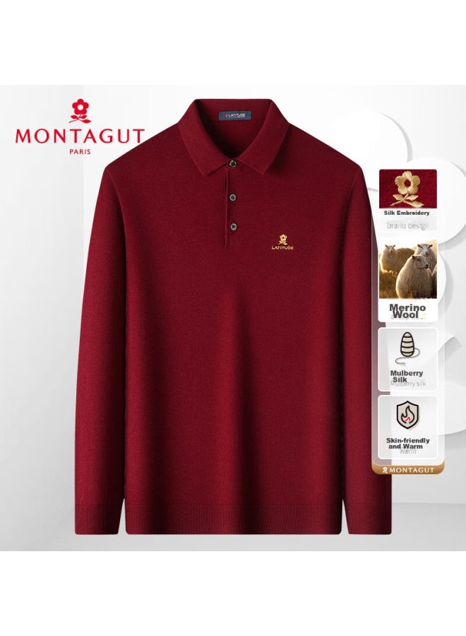 Montagut New Year Greeting Men's Knit Sweater With Mulberry Silk And Wool, Casual Pullover, Wine Red , XL - Image 1