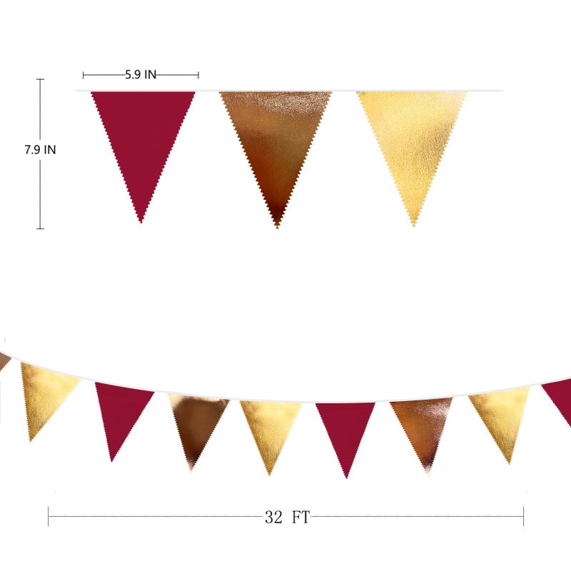 pinkblume Fall Party Decorations Maroon Gold Brown Metallic Fabric Triangle Pennant Banner Burgundy Flag Bunting Garland for Autumn Thanksgiving Wedding Birthday Bridal Shower Engagement Graduation Garnet Party - Image 2