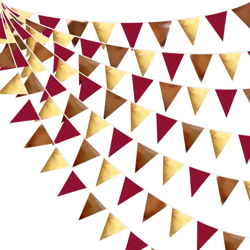 pinkblume Fall Party Decorations Maroon Gold Brown Metallic Fabric Triangle Pennant Banner Burgundy Flag Bunting Garland for Autumn Thanksgiving Wedding Birthday Bridal Shower Engagement Graduation Garnet Party - Image 1