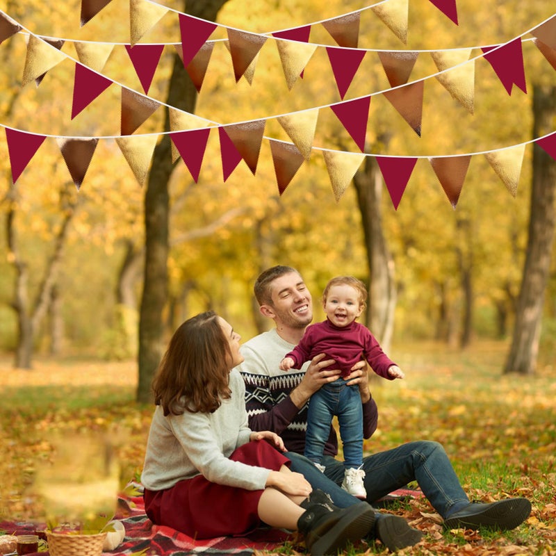 pinkblume Fall Party Decorations Maroon Gold Brown Metallic Fabric Triangle Pennant Banner Burgundy Flag Bunting Garland for Autumn Thanksgiving Wedding Birthday Bridal Shower Engagement Graduation Garnet Party - Image 4