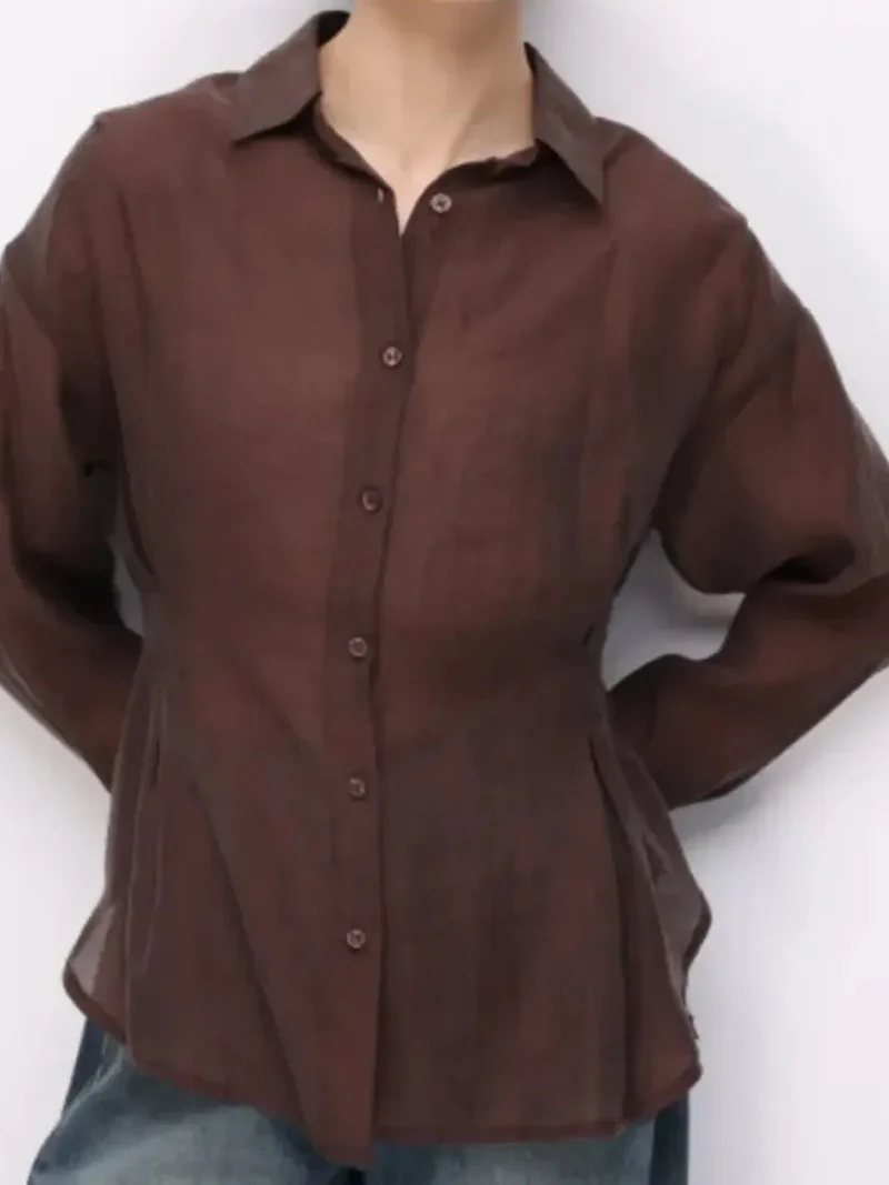 Mixray Coffee Brown MIXRAY Fitted Textured Button-Up Shirt for Women | Best Price UAE