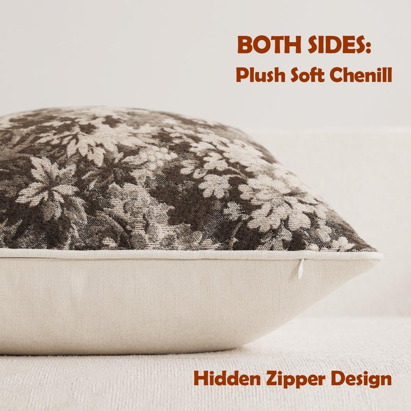 DEZENE Pack of 2 Vintage Floral Throw Pillow Covers 18x18 Boho Farmhouse Accents Chenille Square Decorative Pillow Cases for Living Room Couch Bed Home Decor, Grey - Image 2