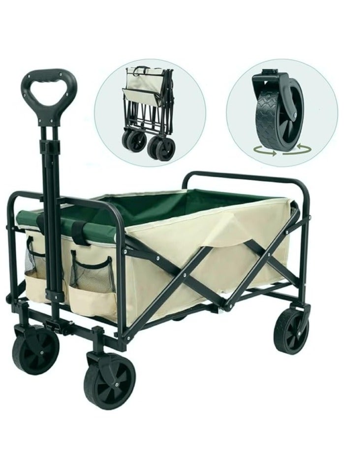 HEXAR Heavy Duty Shopping Trolley Folding Multi-Functional Portable Utility Wagon Beach Trolley with Storage Basket Outdoor Camping Garden Cart with Adjustable Handle (BEIGE) - Image 2