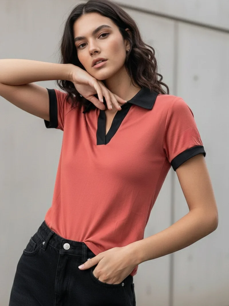 OUTZIDR  Rust Contrast Binding Knit Top for Women | Best Price UAE