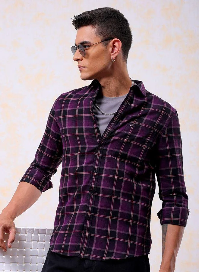 The Indian Garage Co Men Slim Fit Checkered Full Sleeves Cutaway Collar Casual Shirt