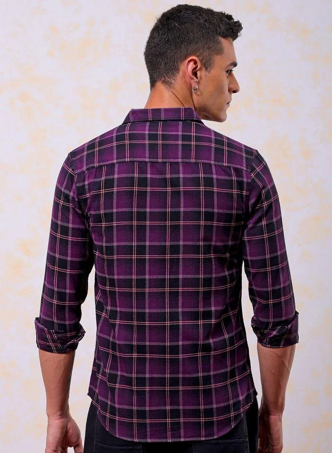 The Indian Garage Co Men Slim Fit Checkered Full Sleeves Cutaway Collar Casual Shirt