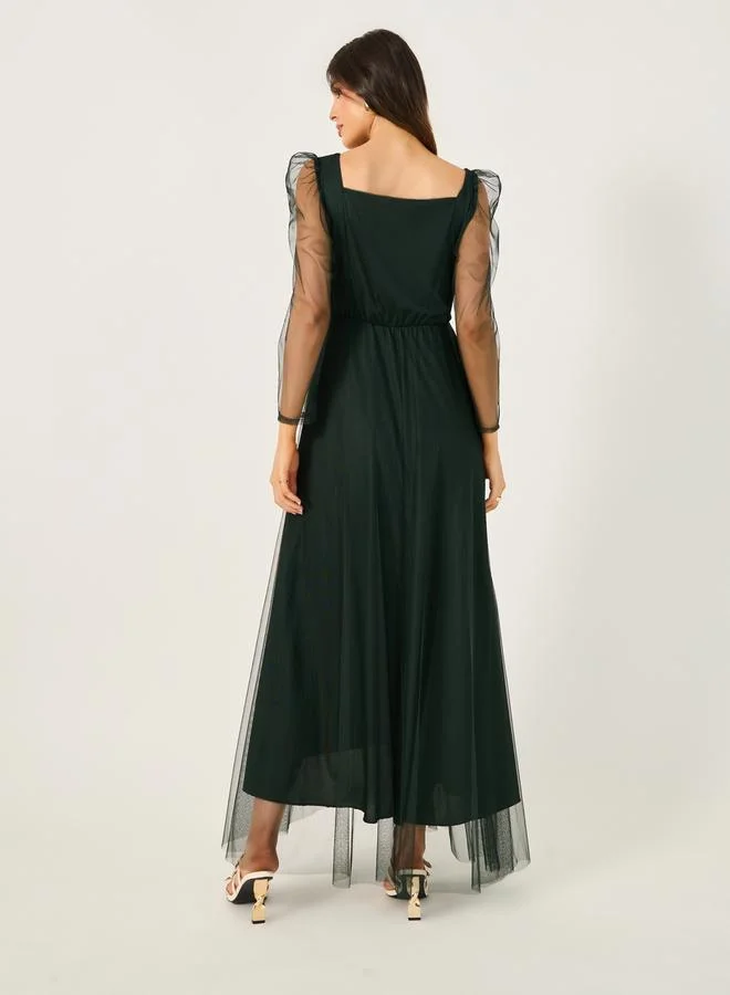 Styli Styli Embroidered Detail Square Neck A-Line Maxi Dress