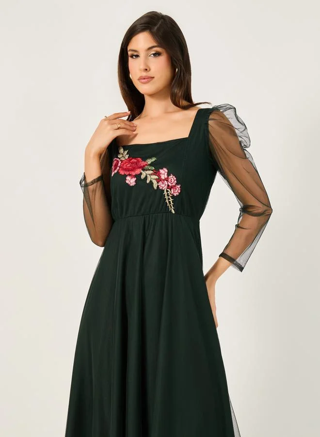 Styli Styli Embroidered Detail Square Neck A-Line Maxi Dress