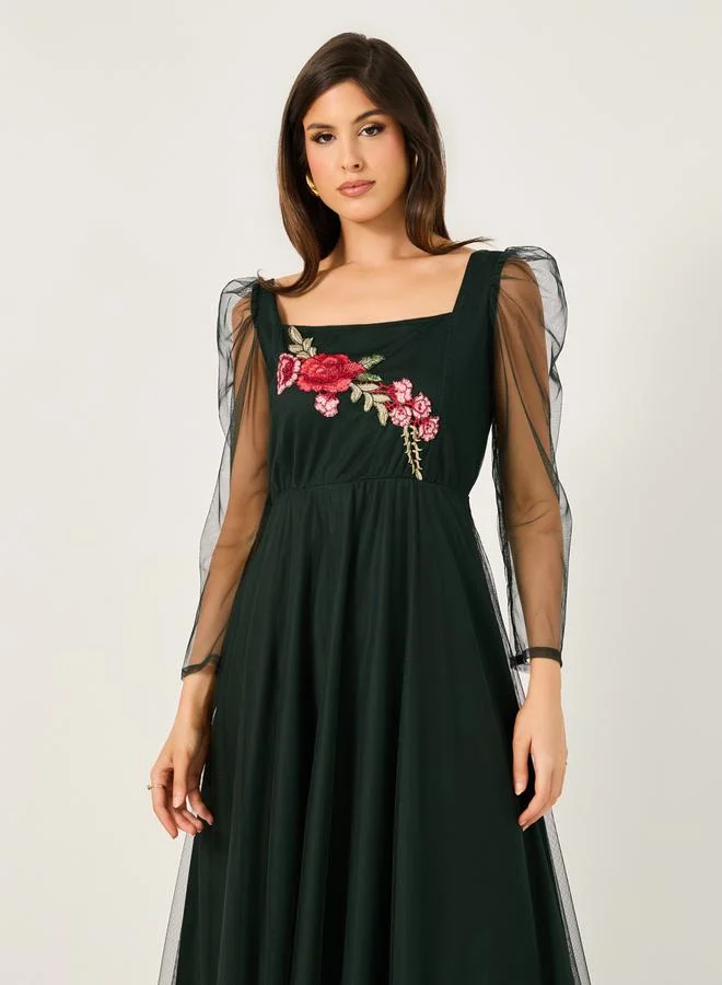 Styli Styli Embroidered Detail Square Neck A-Line Maxi Dress