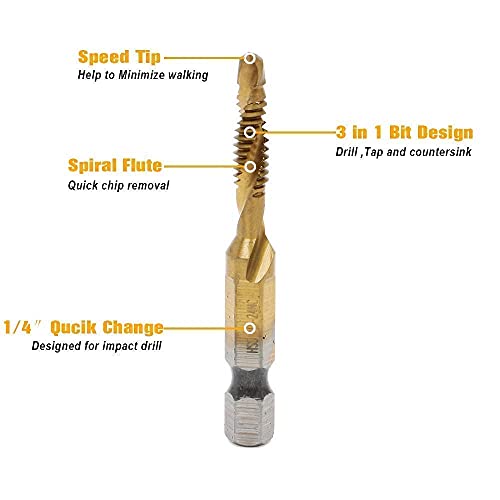 AUTOTOOLHOME 6 Pack Titanium Combination Drill Tap Bit Set Screw Tapping SAE 6-32NC 8-32NC 10-24NC 10-32NC 12-24NC 1/4-20NC - Image 3