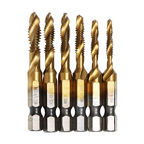 AUTOTOOLHOME 6 Pack Titanium Combination Drill Tap Bit Set Screw Tapping SAE 6-32NC 8-32NC 10-24NC 10-32NC 12-24NC 1/4-20NC - Image 1