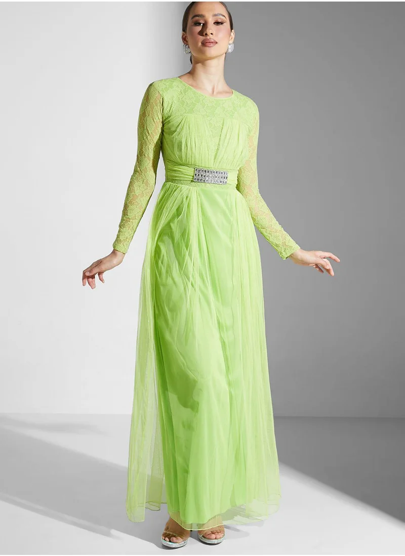 Golden Apple Net With Lace Long Sleeve Dress